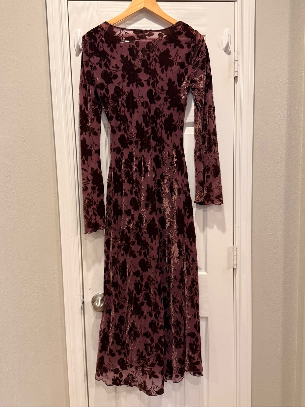 Velvet Burn Out Midi Dress Burgundy Floral Sheer Whimsigoth Dark Feminine Size M - Picture 4 of 14